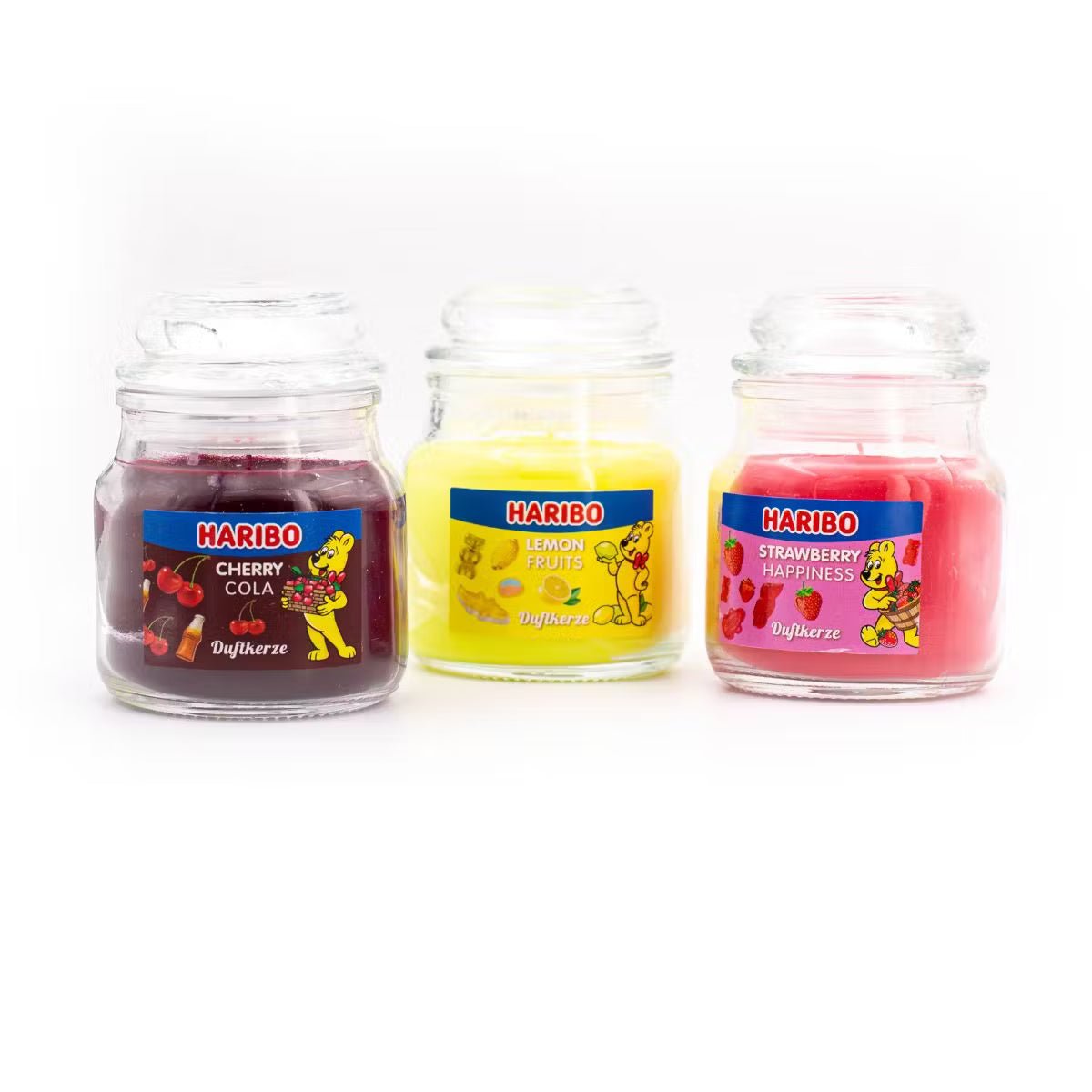 Set 3 candele haribo Lemon Fruits, Cherry Cola, Strawberry Happiness - 3 x 85g - Miele Profumi Collection